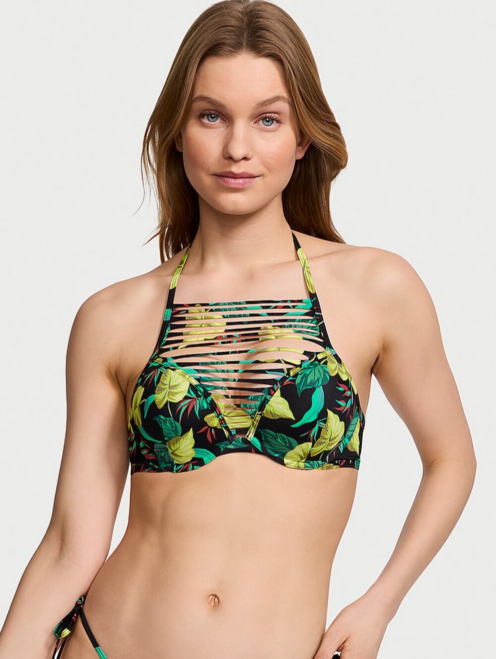 Victoria's Secret Black Bikini Top with Green & Yellow Leaf Print